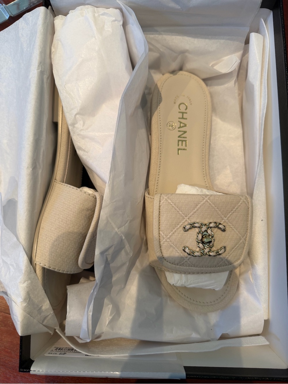 CHANEL Beige Quilted Slide Sandals with Chain-Trim CC